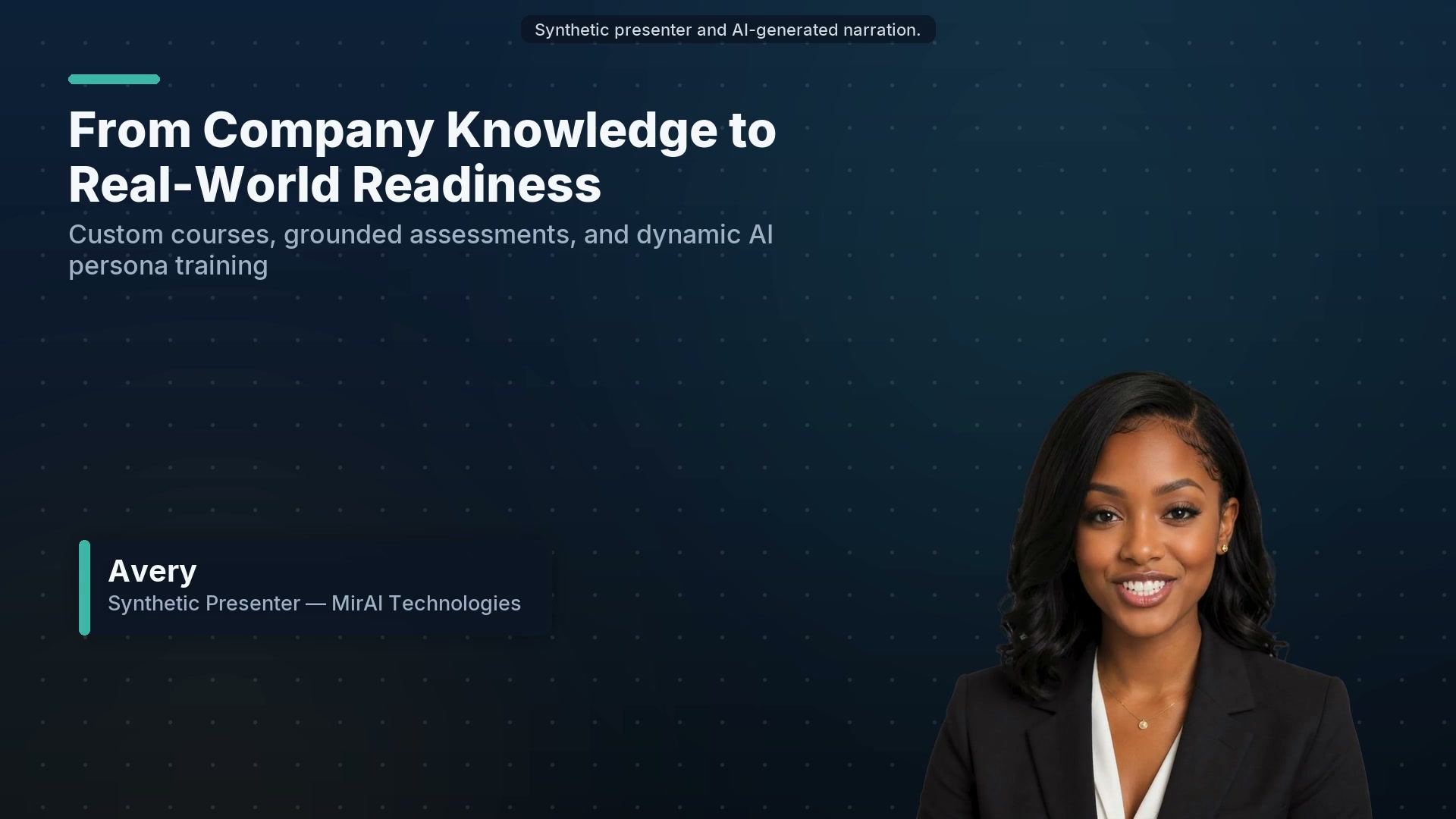 Title card from the Learn-It capabilities overview, reading “From Company Knowledge to Real-World Readiness — custom courses, grounded assessments, and dynamic AI persona training”, with the presenter Avery and an on-screen notice that the presenter and narration are synthetic.